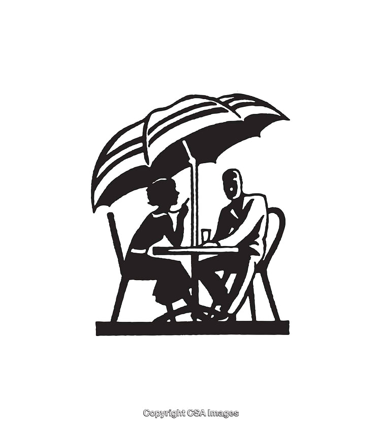 Black and White Illustration of Two People Dining Under an Umbrella