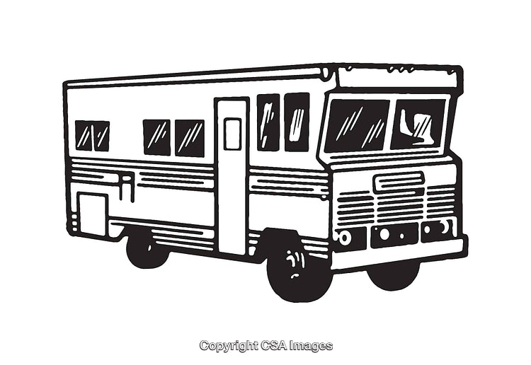 Black and White Line Art Illustration of a Recreational Camper Van