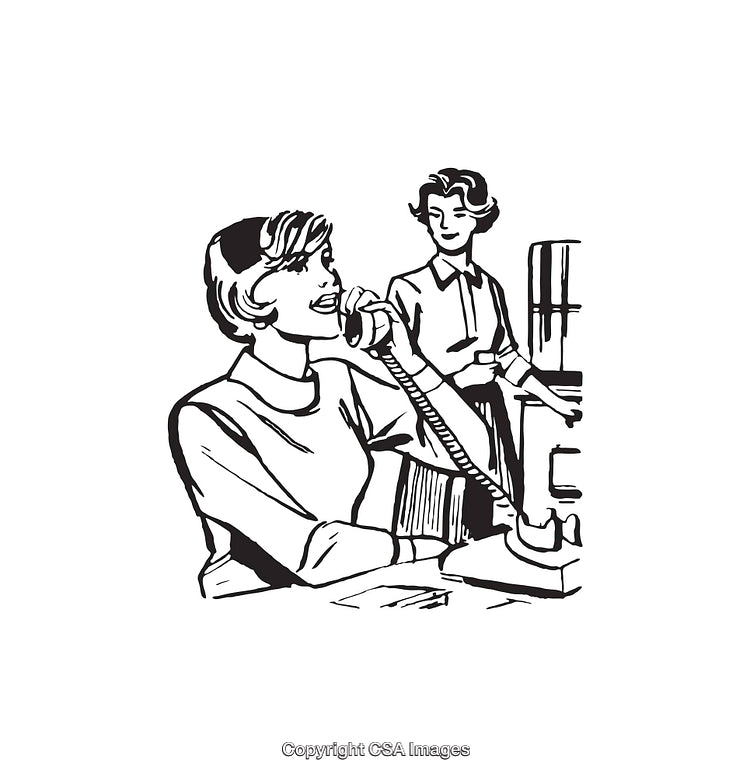 Retro Illustration of Women Working Together in a Vintage Office Setting