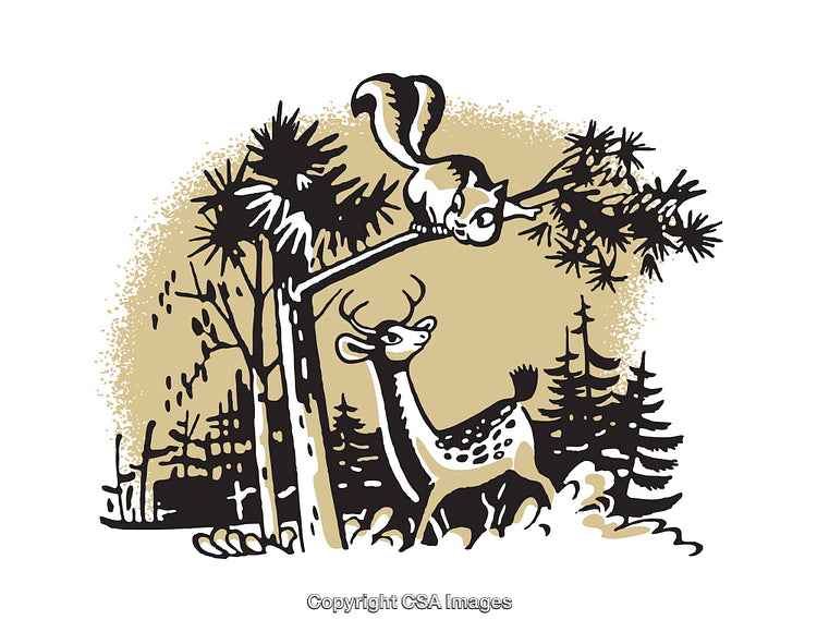 Deer and Squirrel in a Forest Scene Vintage Style Illustration