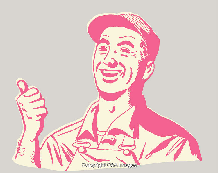 Retro Line Art Style Illustration of Happy Smiling Worker Giving Thumbs Up