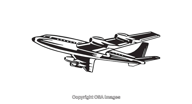 Black and White Line Art Illustration of an Airplane in Flight