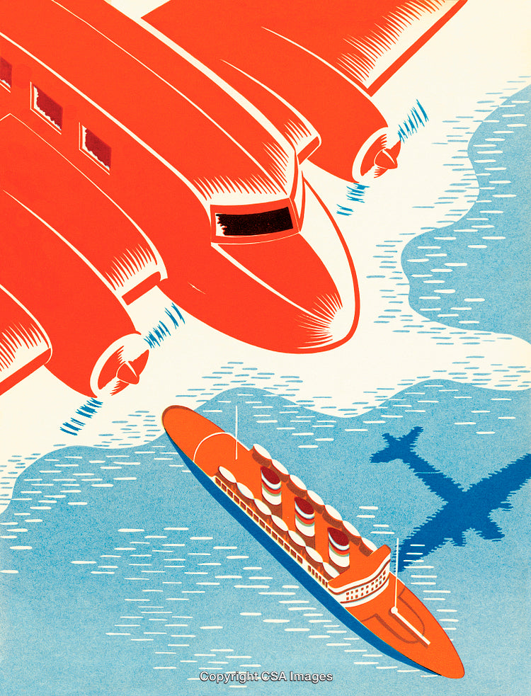 Stylized Illustration of Airplane Flying Over Ocean Near a Sailing Ship