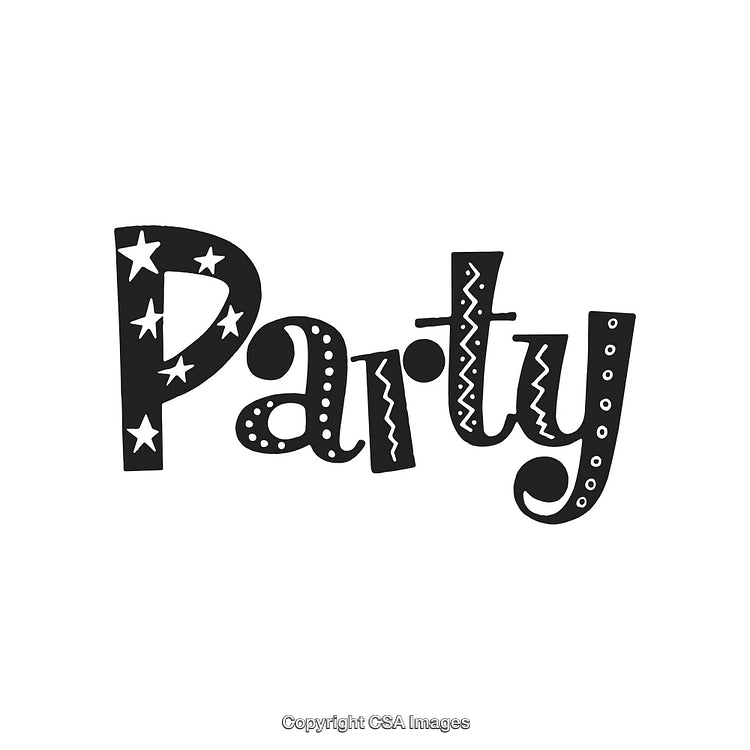 Black and White Decorative Party Word with Star and Zigzag Motif