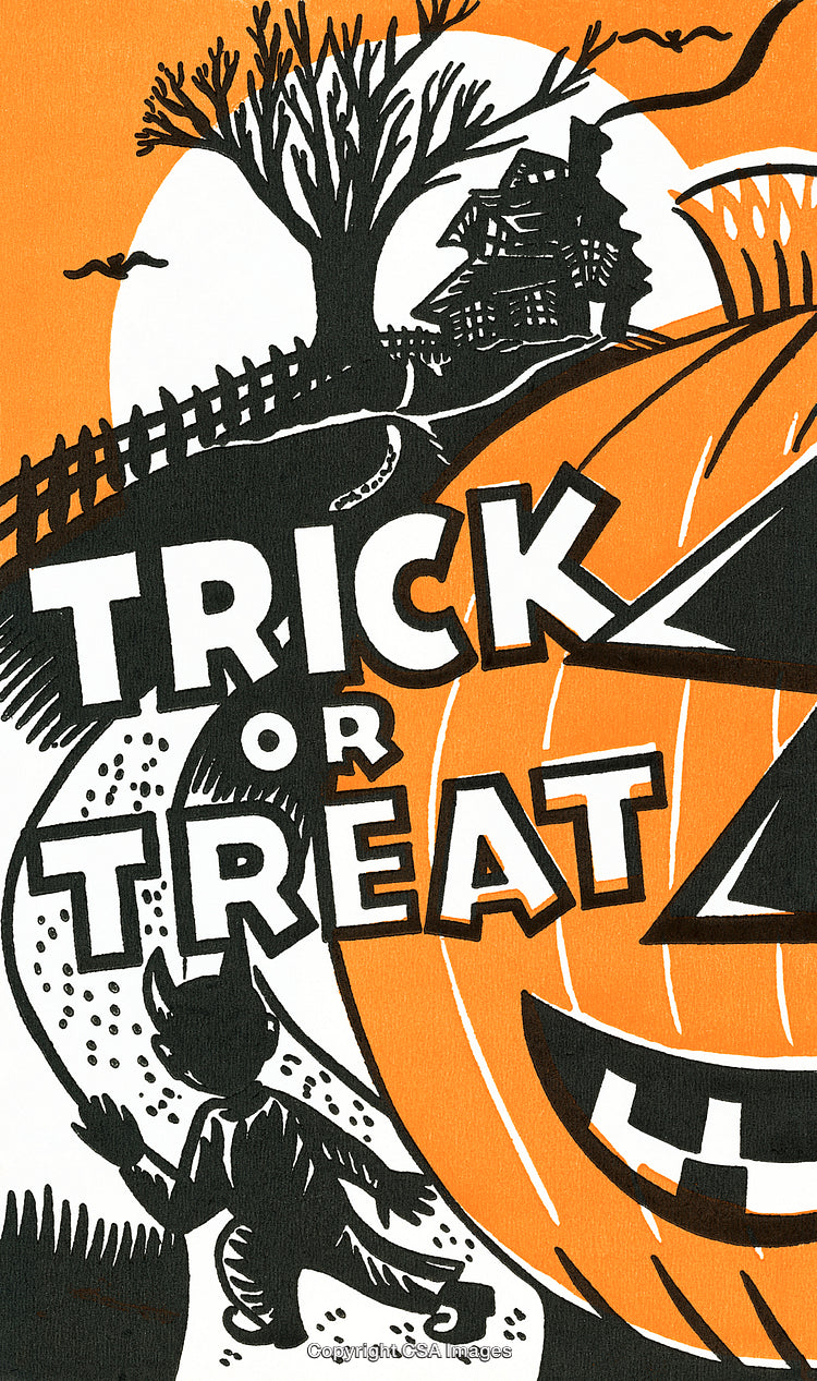 Vintage Halloween Illustration Featuring Trick-or-Treat and Spooky Pumpkin Artwork