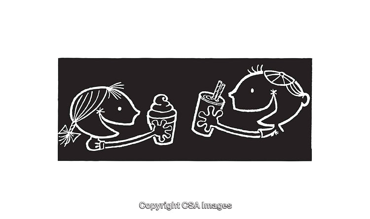 Childlike Line Art of Kids Enjoying Ice Cream and Soda