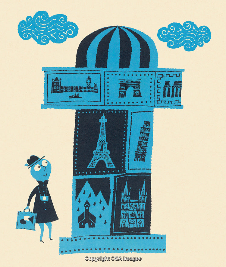 Illustrated Traveler with Famous Landmarks in Vintage European Style Artwork