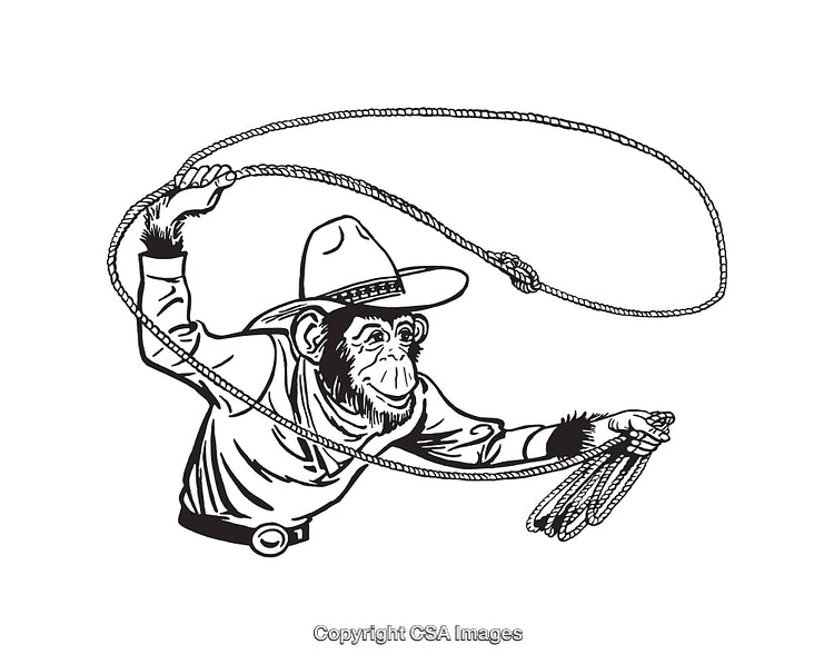 Line Art Illustration of a Monkey Cowboy Swinging a Lasso