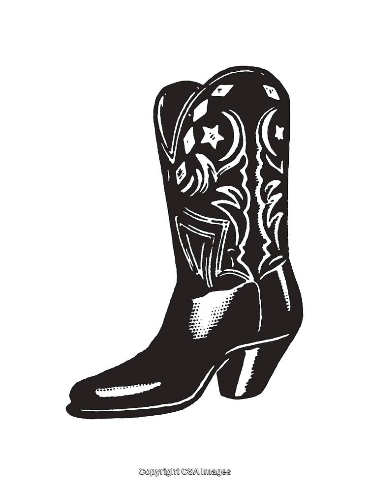 Black and White Line Art of Decorative Cowboy Boot Illustration