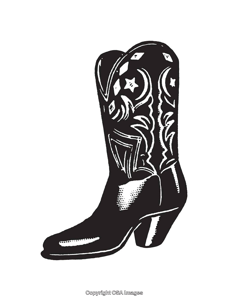 Black and White Line Art of Decorative Cowboy Boot Illustration