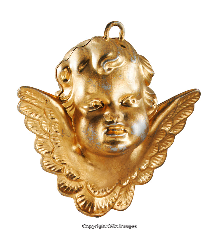 Gold-Plated Angel Ornament with Decorative Wings on White Background