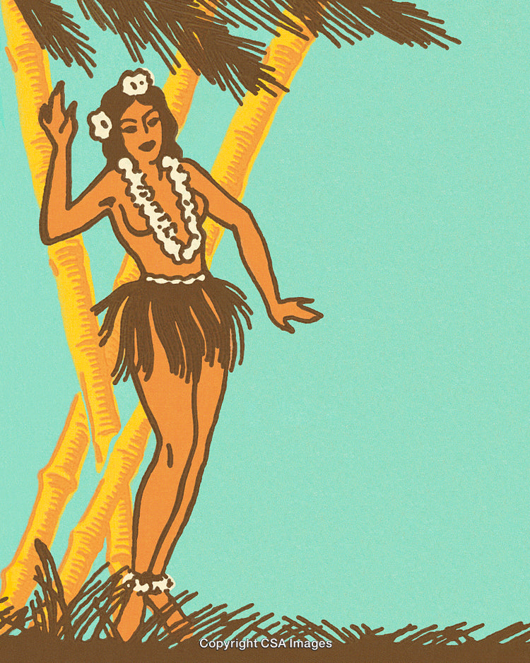 Vintage Style Illustration of Tropical Island Hula Dancer and Palm Trees