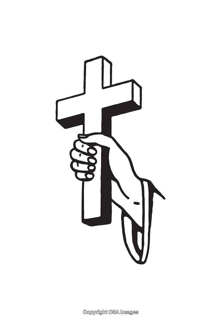 Black and White Line Art of a Hand Holding a Christian Cross
