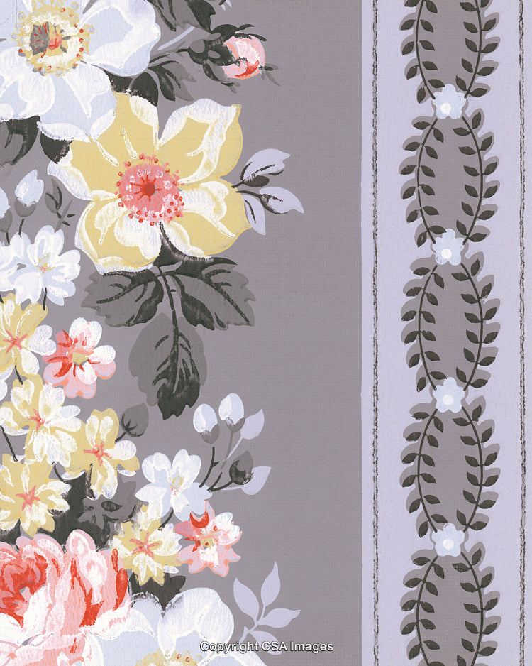 Vintage Floral Pattern with Yellow and Pink Flowers on a Soft Gray Background