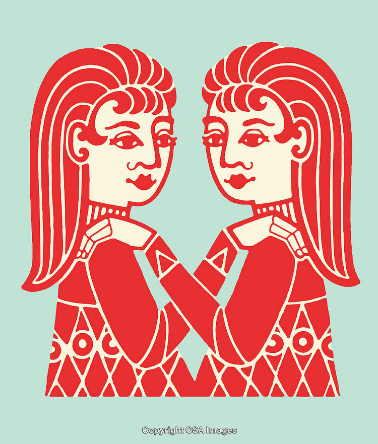 Gemini Zodiac Sign Illustrated as Red and White Twin Figures on Light Background