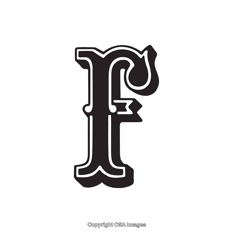 Black Stylized Letter F with Decorative Elements on White Background