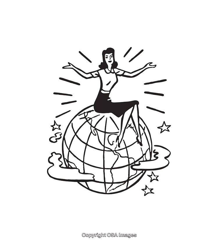 Retro-Styled Line Art of Woman Sitting on a Globe