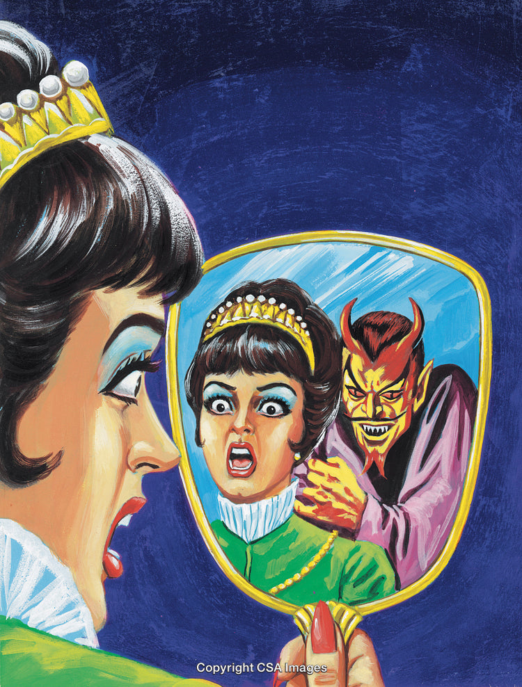 Woman's Reflection in Mirror Showing Demon and Fearful Reaction
