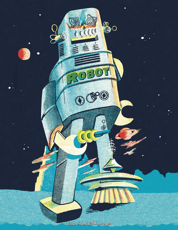 Retro Futuristic Robot Illustration in a Cosmic Sci-Fi Landscape
