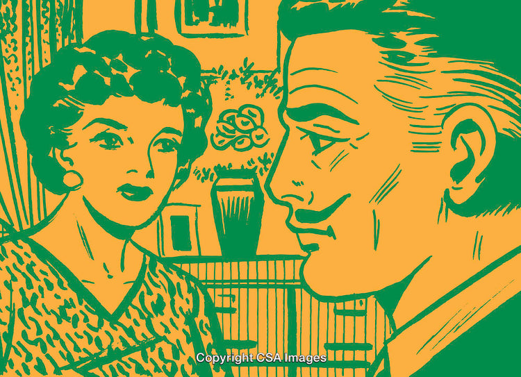 Retro Illustration Featuring a Conversation Between Two People Indoors