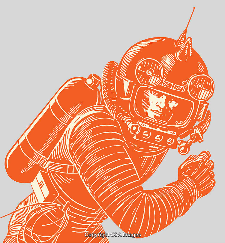 Orange Line Art Illustration of Futuristic Space Explorer in a Spacesuit