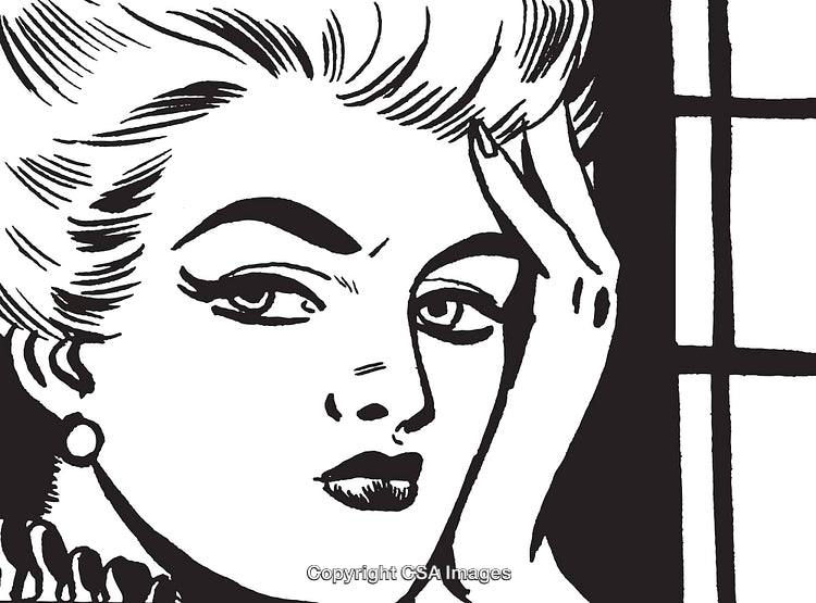 Close-Up Illustration of a Thoughtful Woman in Vintage Style Art