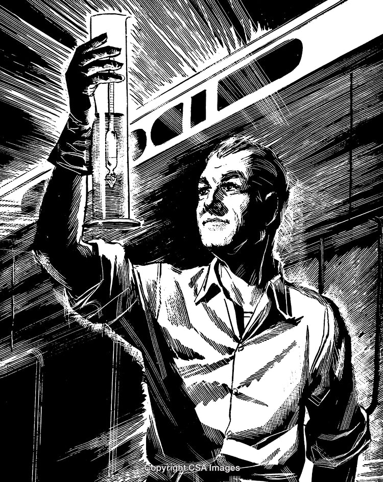 Black and White Engraving of a Scientist Examining a Beaker in Laboratory Setting