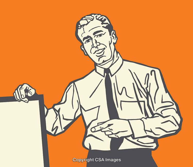 Retro Businessperson Pointing at a Blank Sign with Orange Background