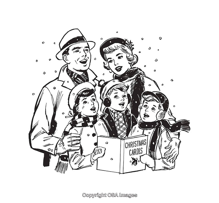 Family Singing Christmas Carols as a Festive Black and White Illustration