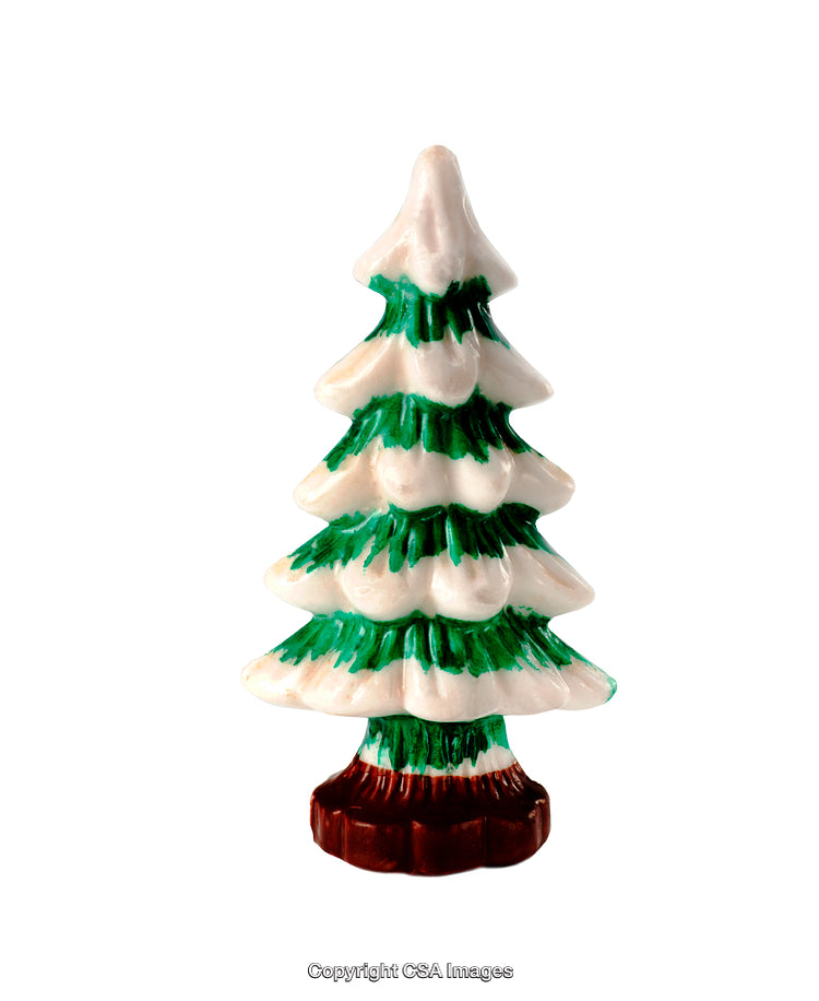 Plastic Toy Christmas Tree with Snowy Details Isolated on White Background