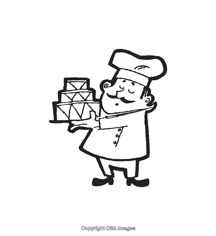 Charming Black and White Line Art Illustration of a Baker Holding a Cake