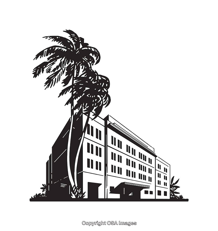Black and White Line Art of a Building with Palm Trees