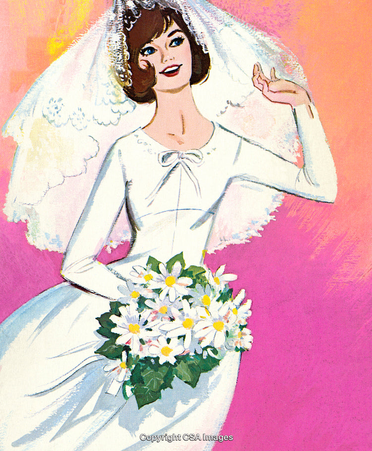 Classic Illustration of a Bride Holding a Bouquet Against a Vibrant Background