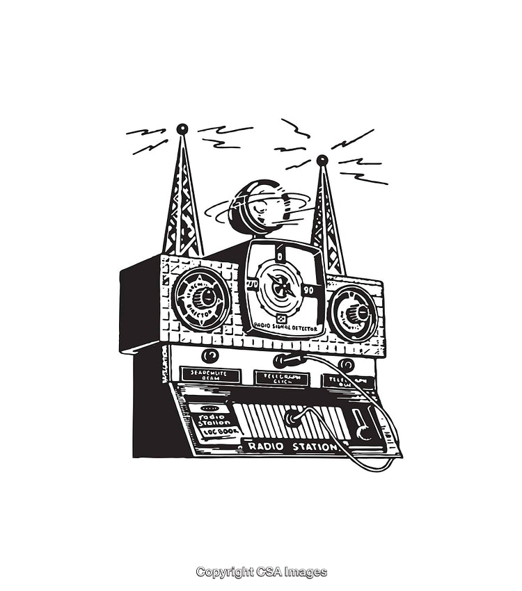Retro Line Art Radio Station Illustration with Antennas and Control Panel