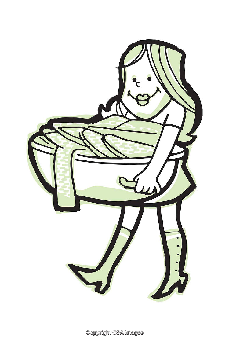 Retro Style Illustration of Woman Carrying a Basket of Laundry