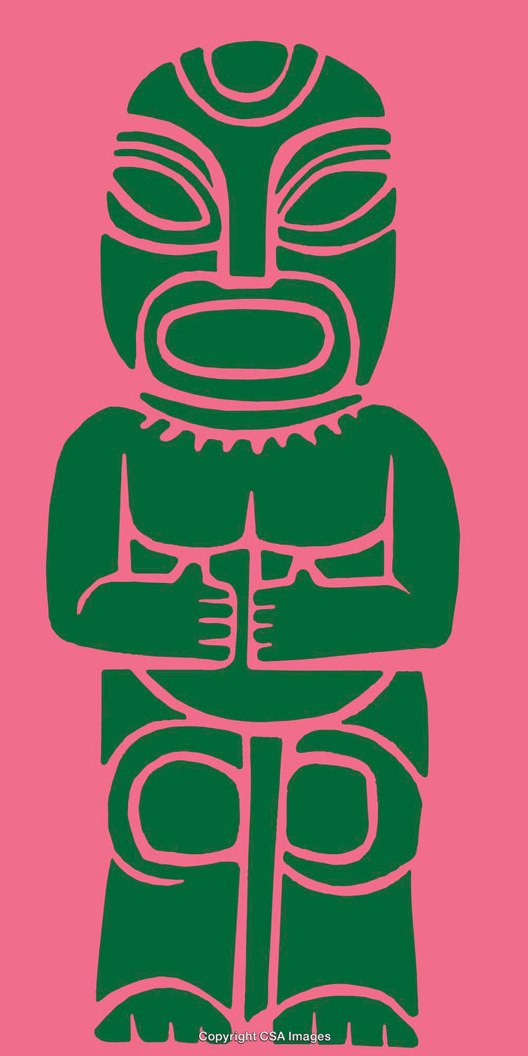 Green Stylized Tribal Illustration on Solid Pink Background