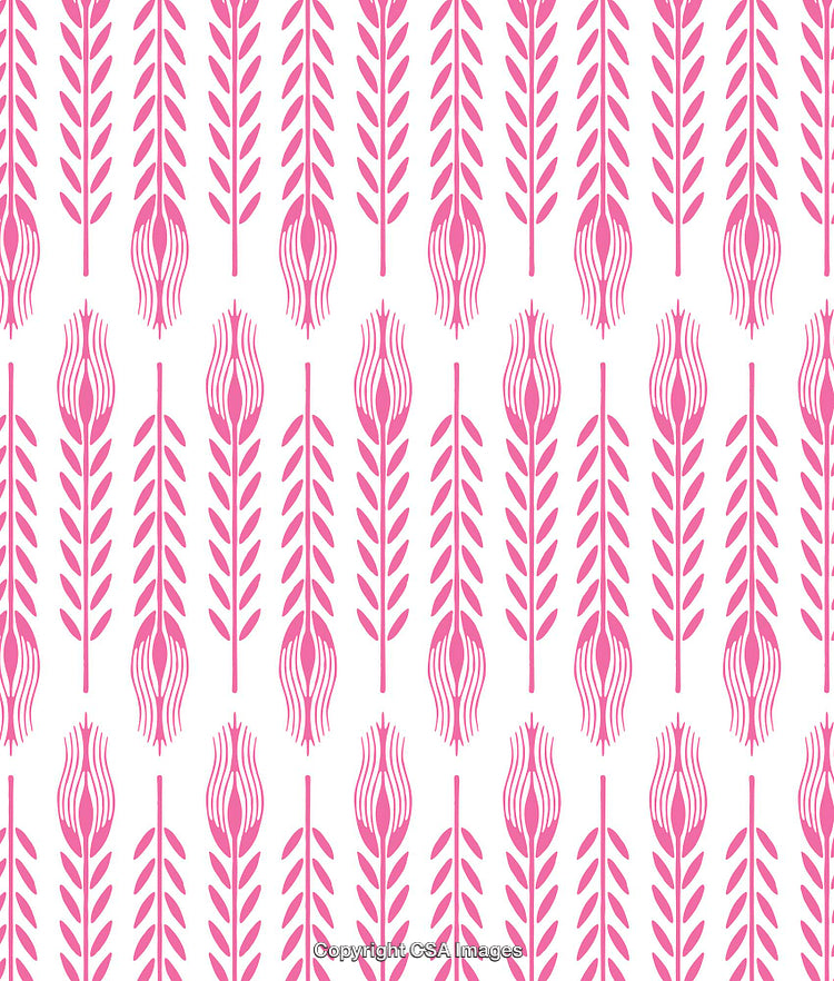 Pink Floral Pattern with Stylized Leaves and Petals on White Background