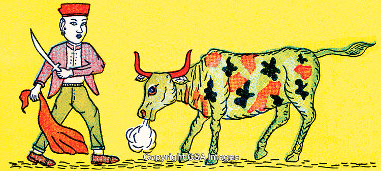 Vibrant Folk Art Illustration of Matador and Colorful Bull Interaction