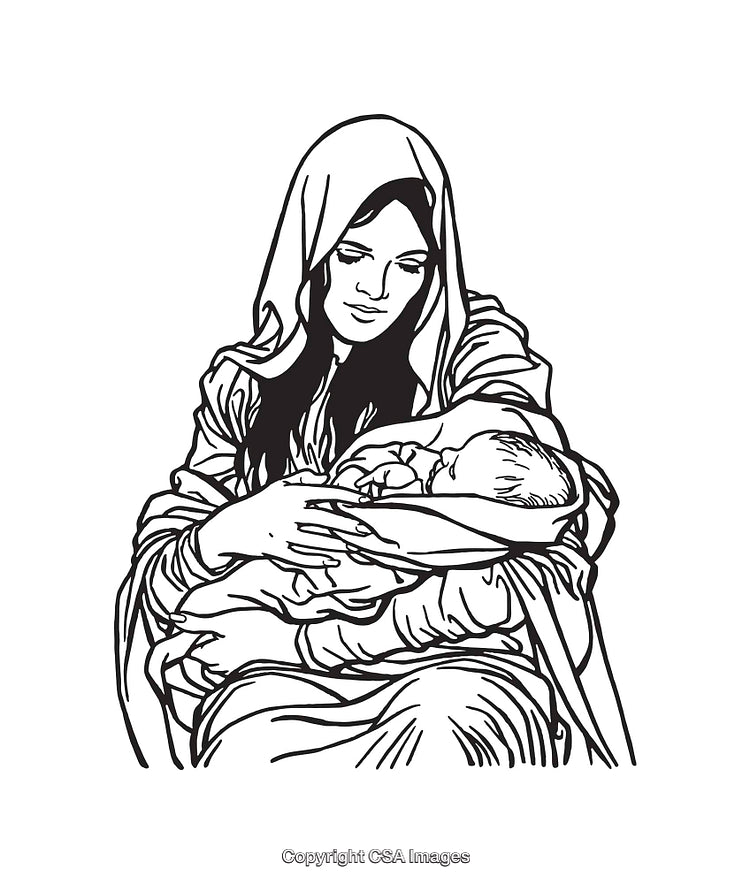 Illustrated Mother Cradling Newborn Child in Her Arms, Line Art Style
