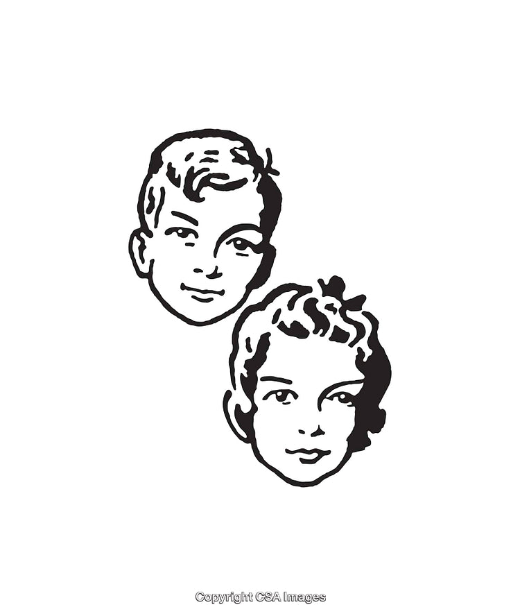 Black and White Line Art Illustration of Two Children's Faces