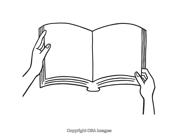 Black and White Line Drawing of Hands Holding an Open Book