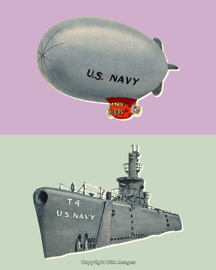 Illustration of US Navy Blimp and Ship in Vintage Style