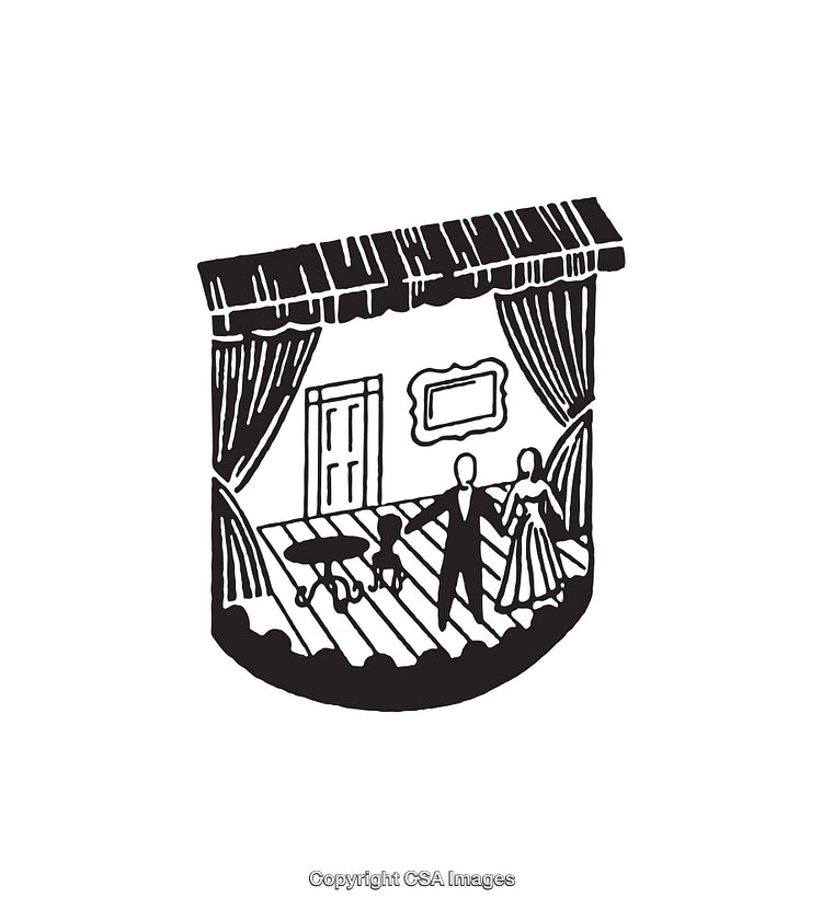Black and White Line Art Illustration of Theater Performance Scene