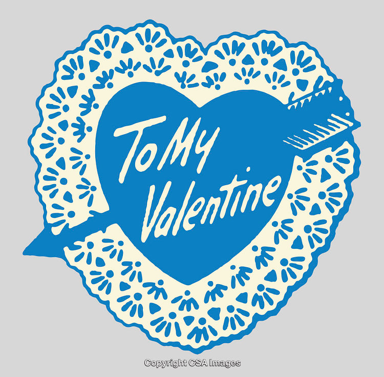 Vintage Valentine Design Featuring Heart and Arrow Illustration in Blue and White
