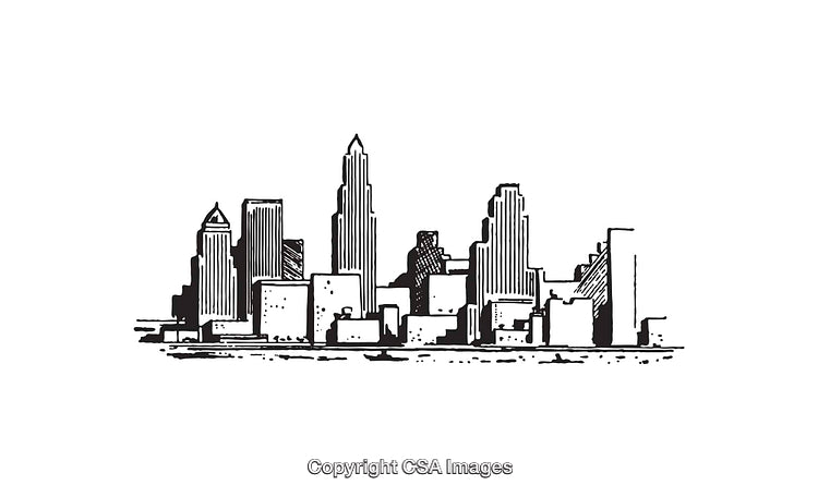 Black and White Line Art Illustration of a City Skyline