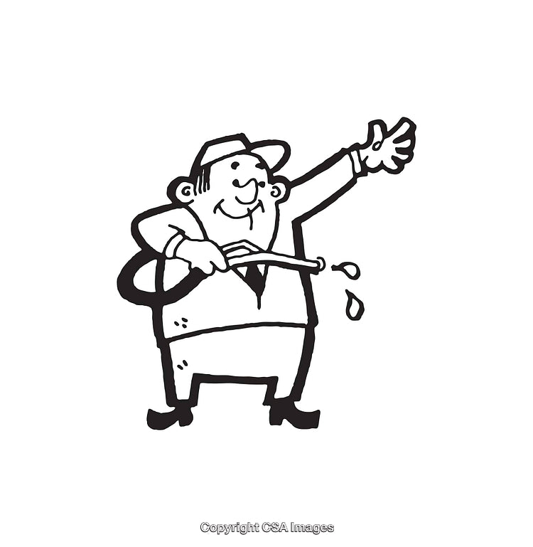 Illustration of a Cheerful Man Holding a Hose Spraying Water Drops