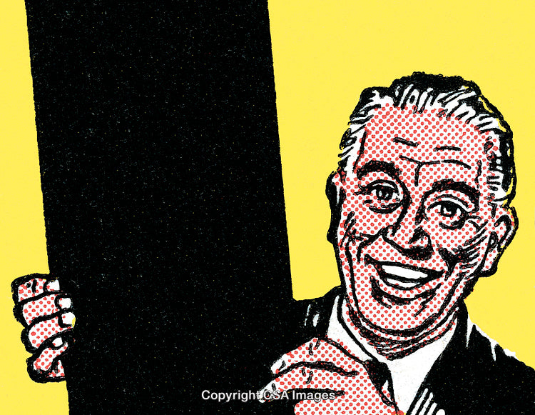 Bright Retro Pop Art Illustration of a Cheerful Man Holding a Blank Sign