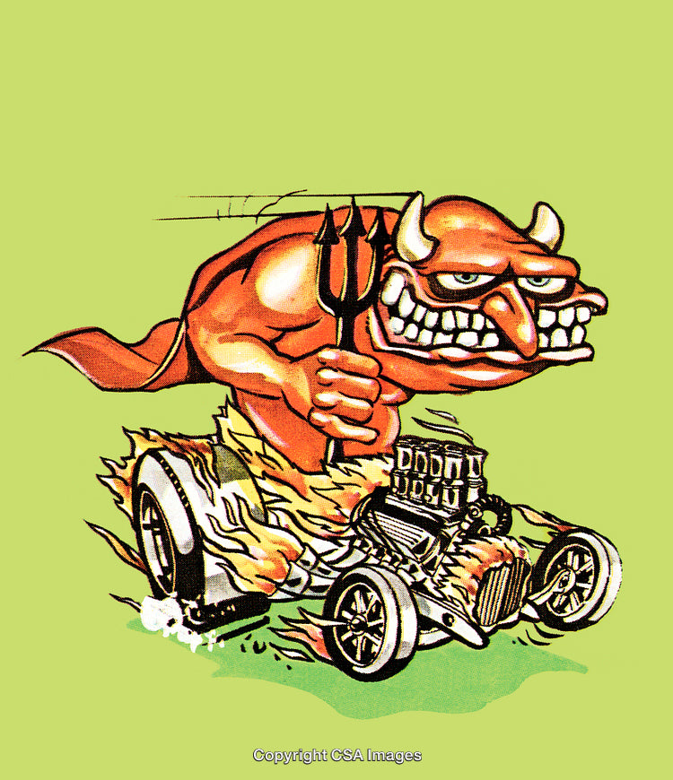 Cartoon Devil Driving a Flaming Hot Rod on a Vibrant Background