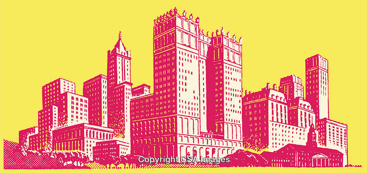 Vibrant Line Art Illustration of an Urban Skyline in Pop Art Style