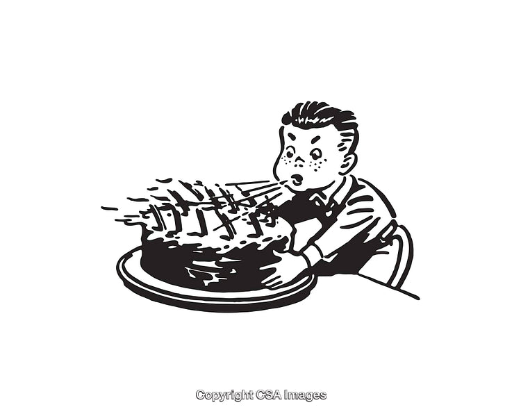 Child Blowing Out Candles on a Birthday Cake in Black and White Art
